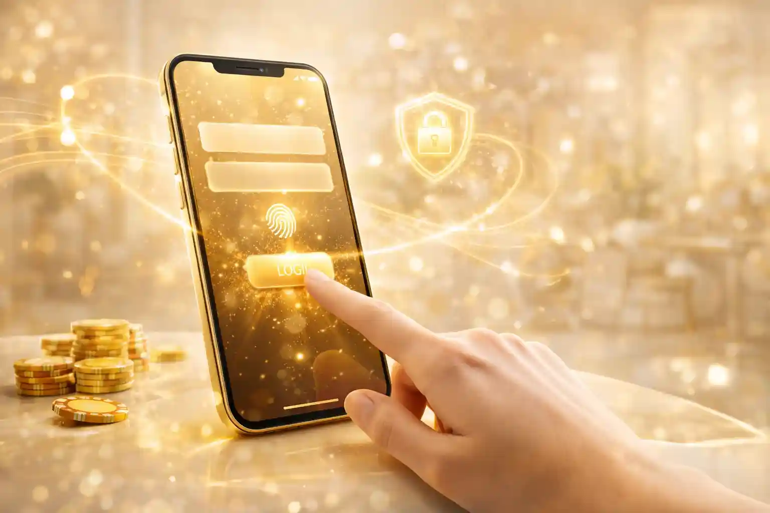 Finger tapping golden mobile casino login screen with coins and security icons