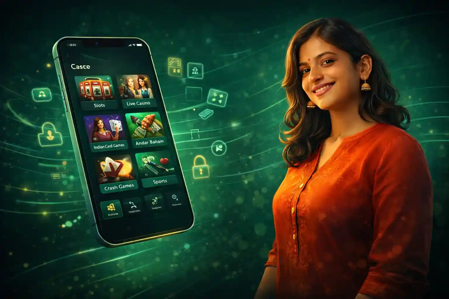Bangladeshi woman next to smartphone casino interface showing slots and live games