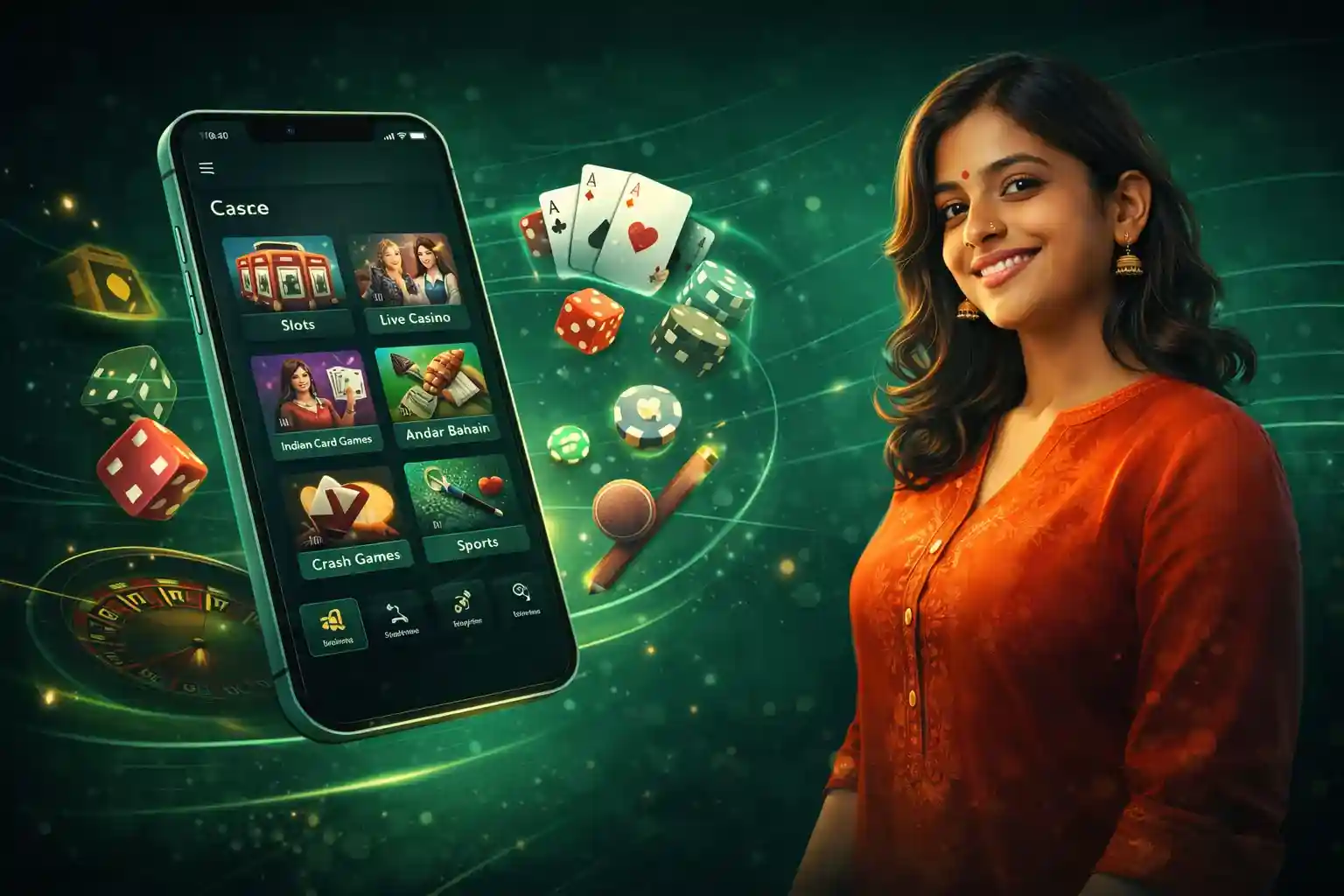 Casino app woman Smiling Bangladeshi woman beside mobile casino app with cards dice and chips