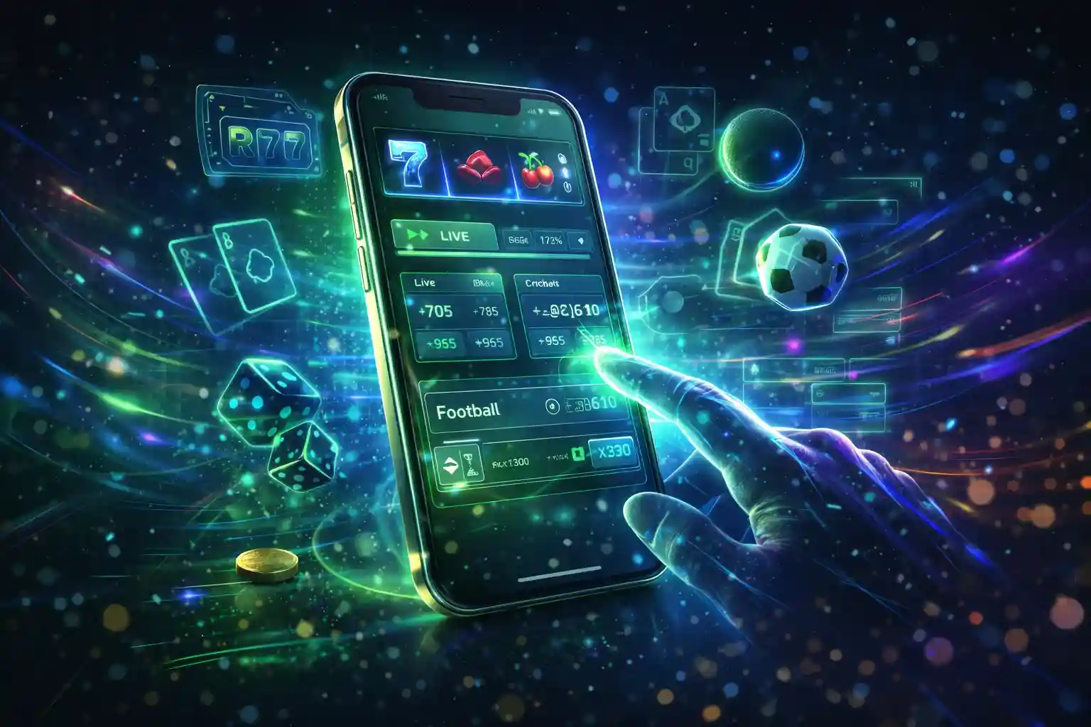 Hand interacting with live betting smartphone screen with casino effects