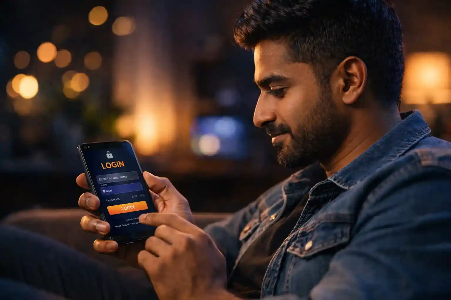 Man logging into mobile casino app at home using smartphone