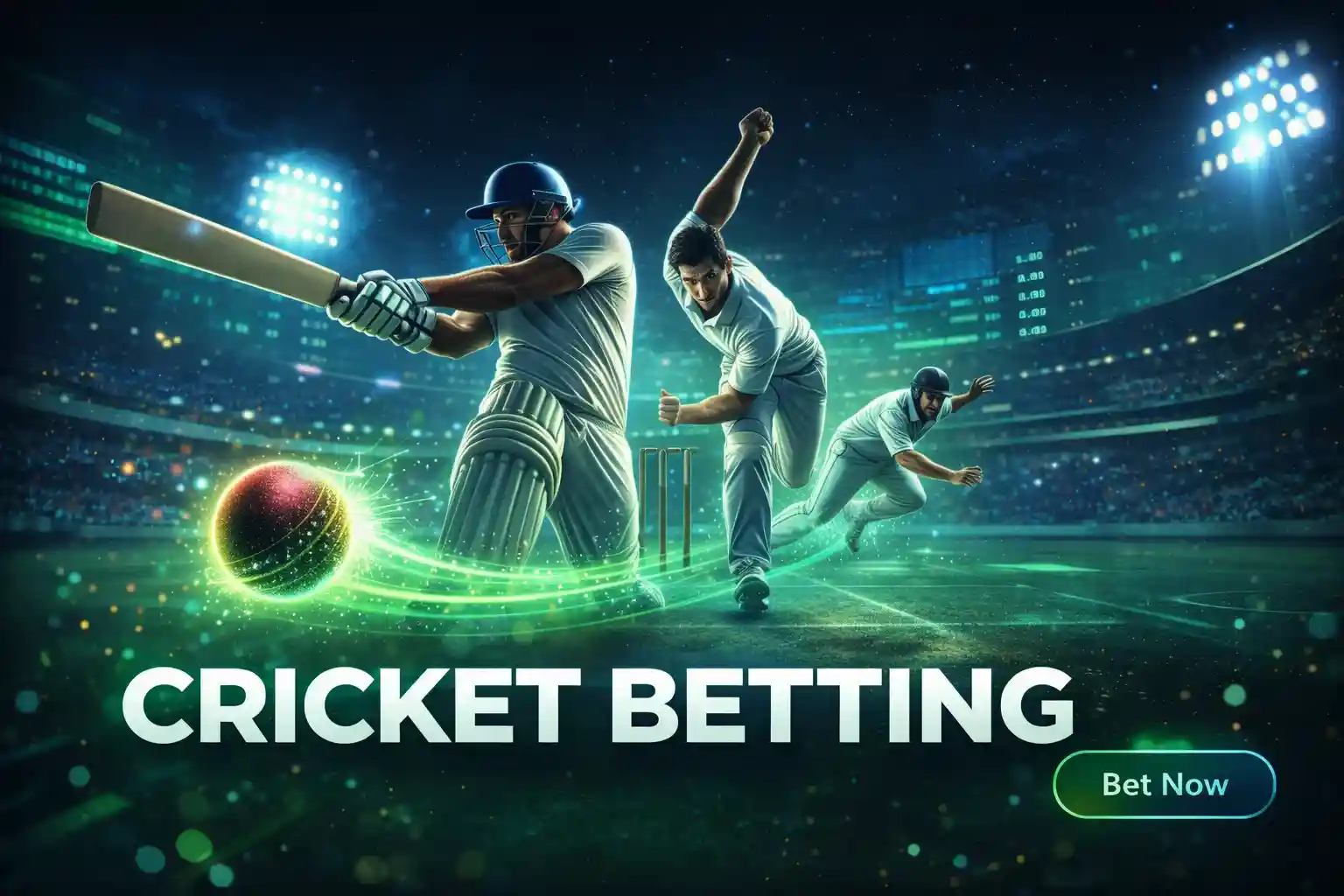Cricket players in stadium with glowing ball representing sports betting action